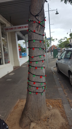 Red and Green crocheted cristmas lights for 2019 Christmas Yarn Corner installation